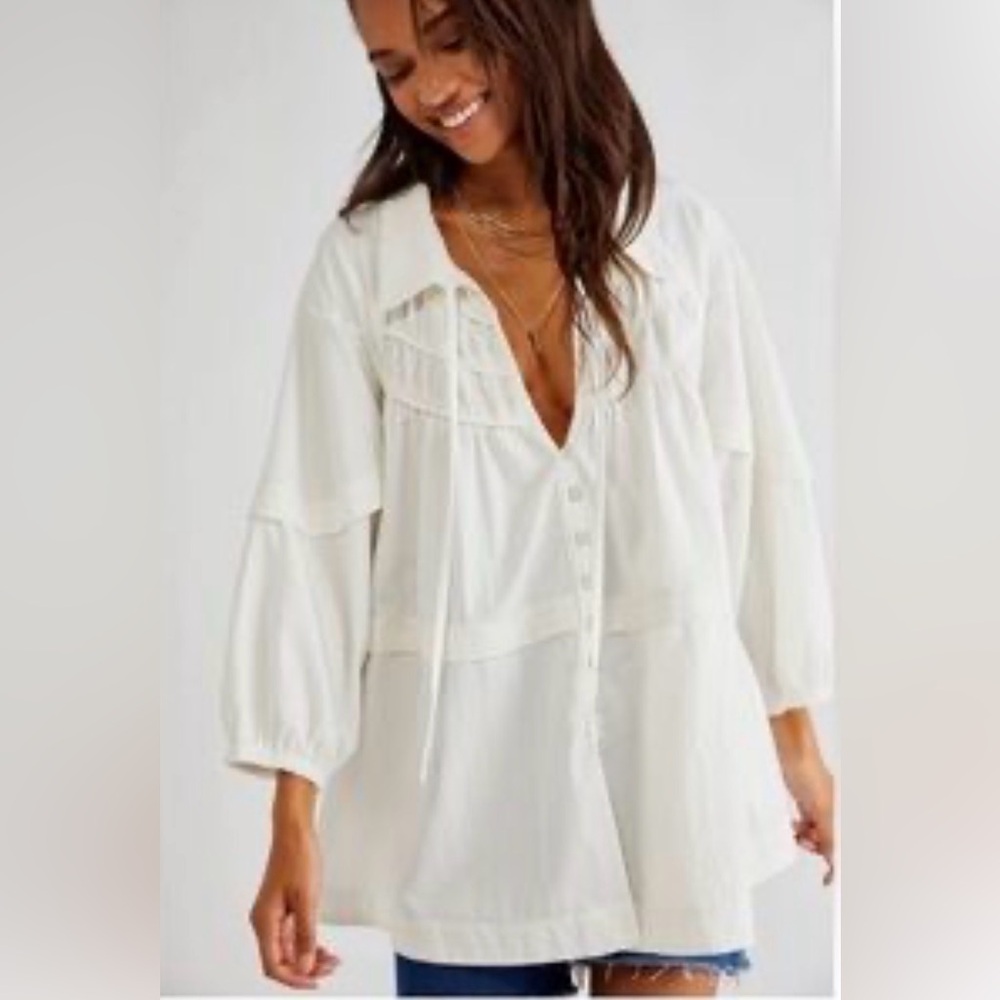 Free People We The Free Sydney Tunic, White, Button Down,Poet, Romantic, Blouse